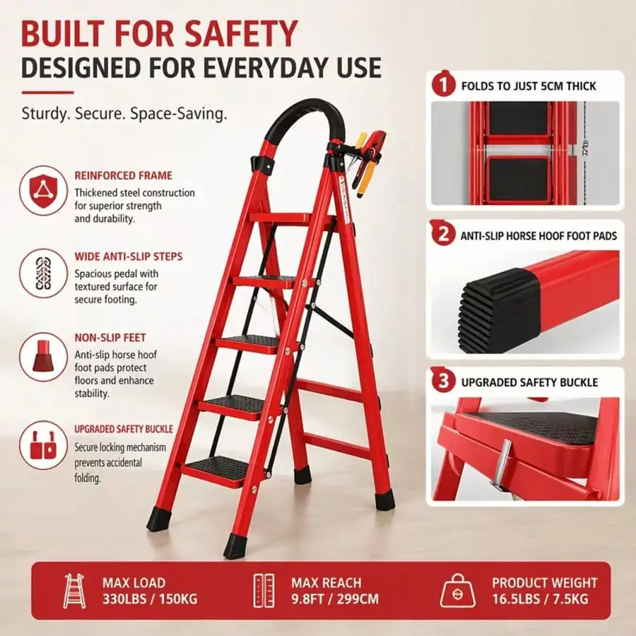 Folding 3/4/5 Step Ladder, Portable Multi-Functional Ladder, Load-Bearing 350 Pounds, Heavy-Duty Steel Step Stool With Anti-Slip Wide Treads, Handrails, Safety Lock Design