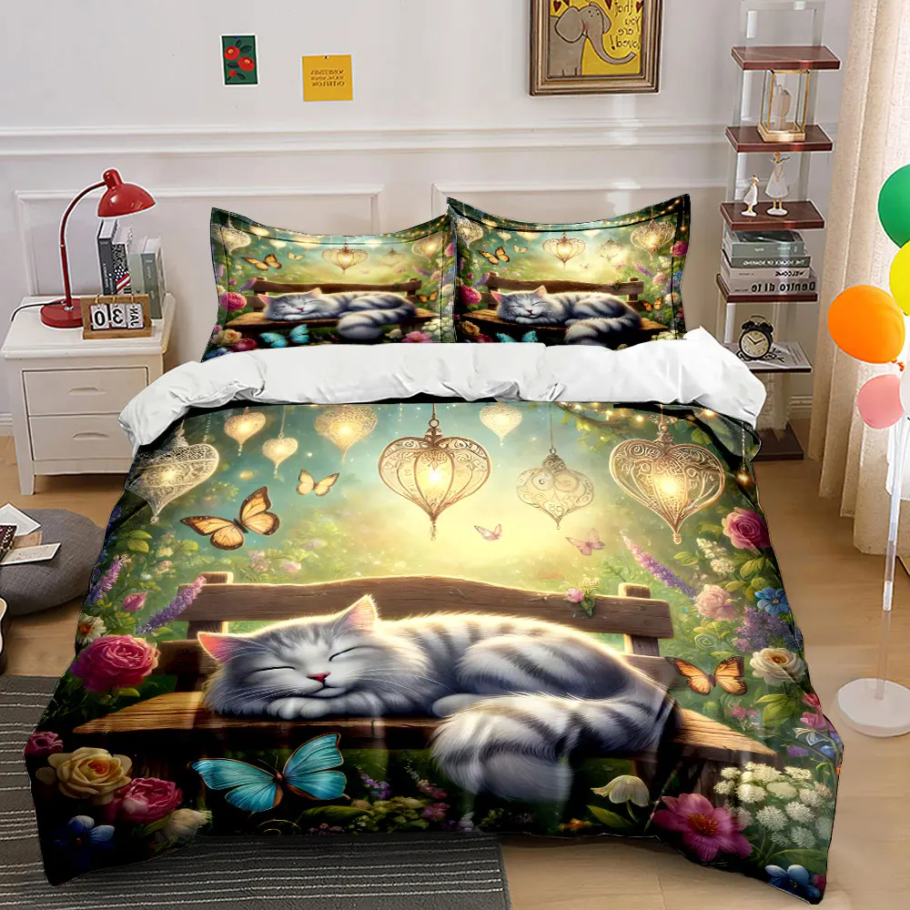 

Dreamy garden cat napping Printed Duvet Cover Set 1 Duvet Cover+2 Pillowcase Multi Size Bedroom Bedding Decor Machine Washable