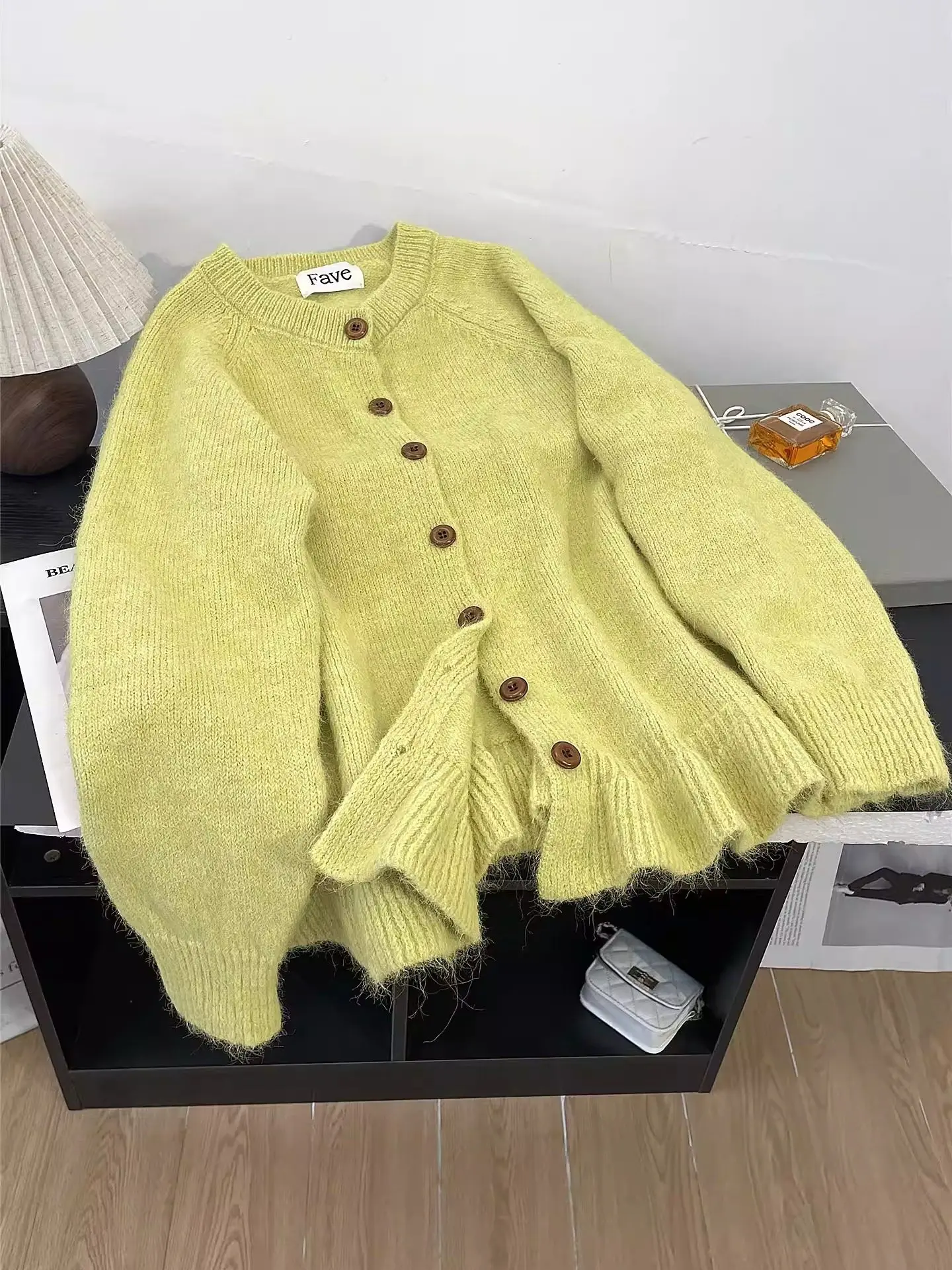 

Флуоресцентный желтый вязаный кардиган с грибками, женский осенне-зимний свободный мягкий и липкий свитер, куртка, толстый топ