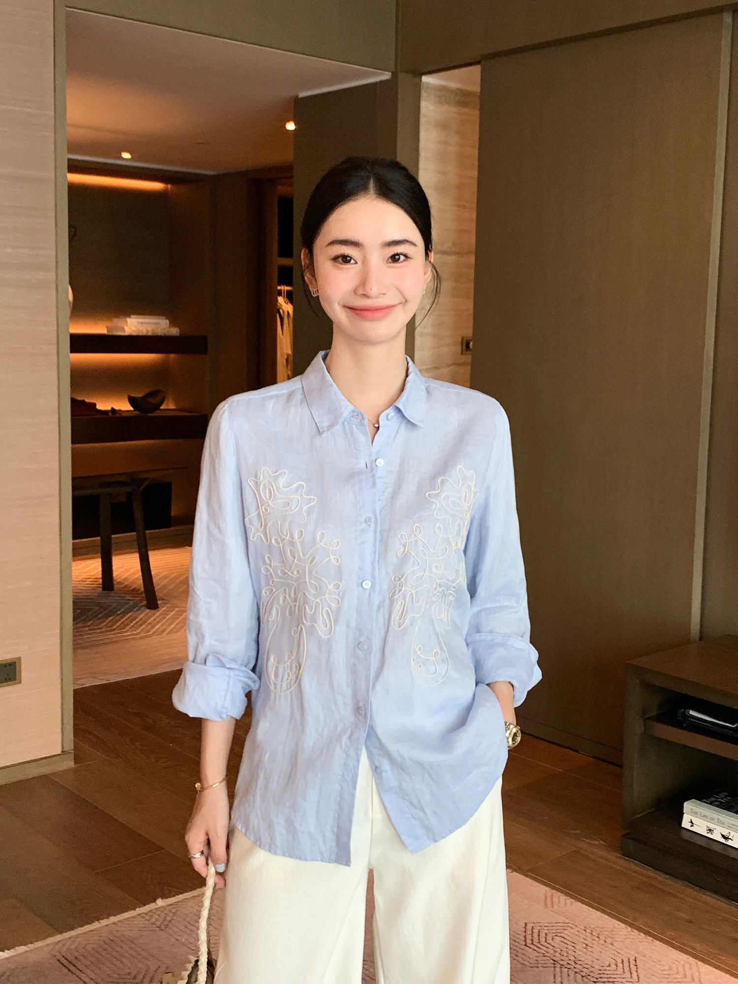 

Женское льняное платье Maven Lin с вышивкой Long Sve, свободный крой, дышащее, удобное, Fem Faion