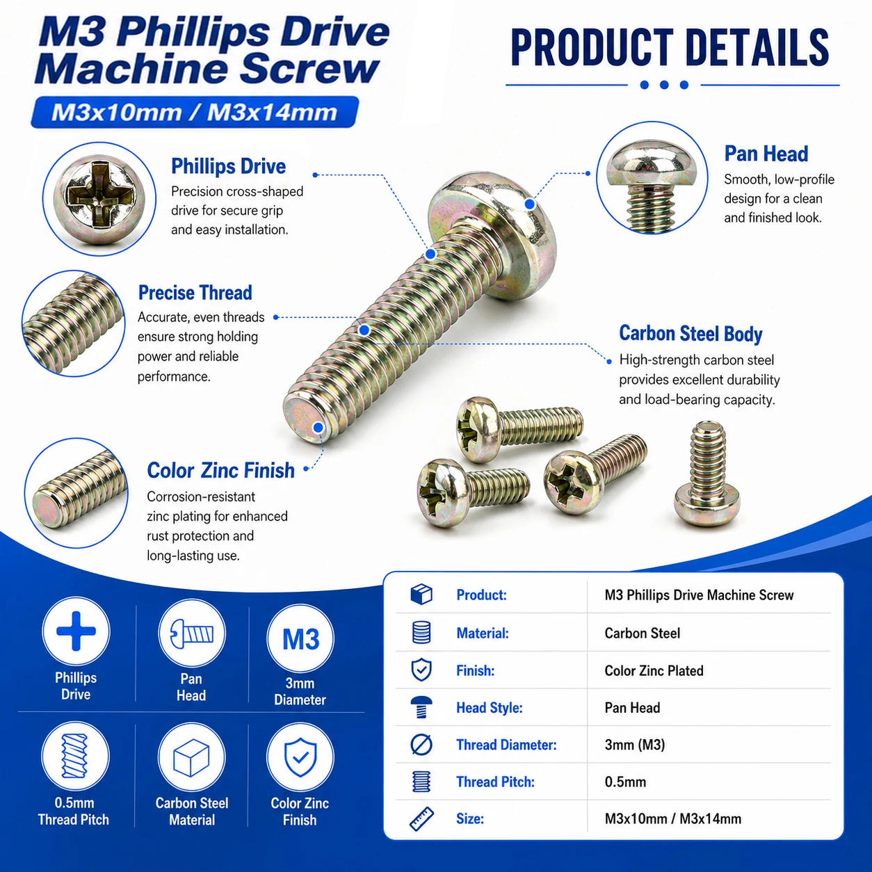 50-100pcs M3 Carbon Steel Machine Screws, Zinc Plated Phillips Pan Head, 10mm 14mm Long for DIY & Repair Fasteners