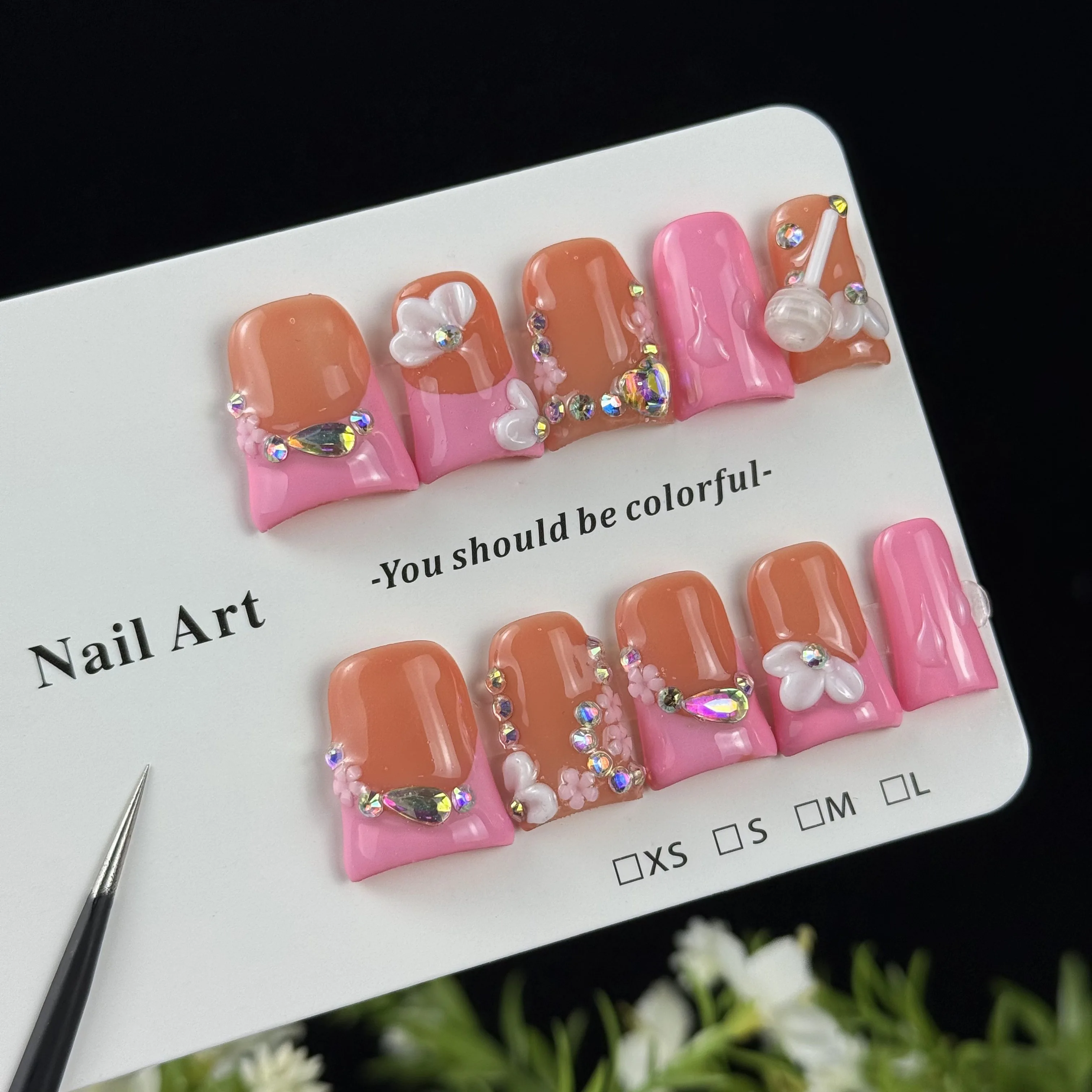 10 pièces haut de gamme style doux et épicé, peint à la main sculpté, sucette tridimensionnelle, diamant en forme de coeur, pile étincelante