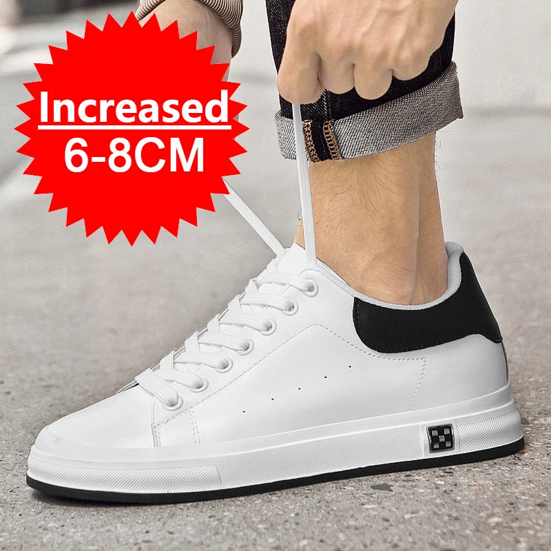 New Fashion PU Leather Elevator Shoes for Men's 6cm 8cm Invisible Height Increase White Sneakers Cortex Heightening Casual Shoes