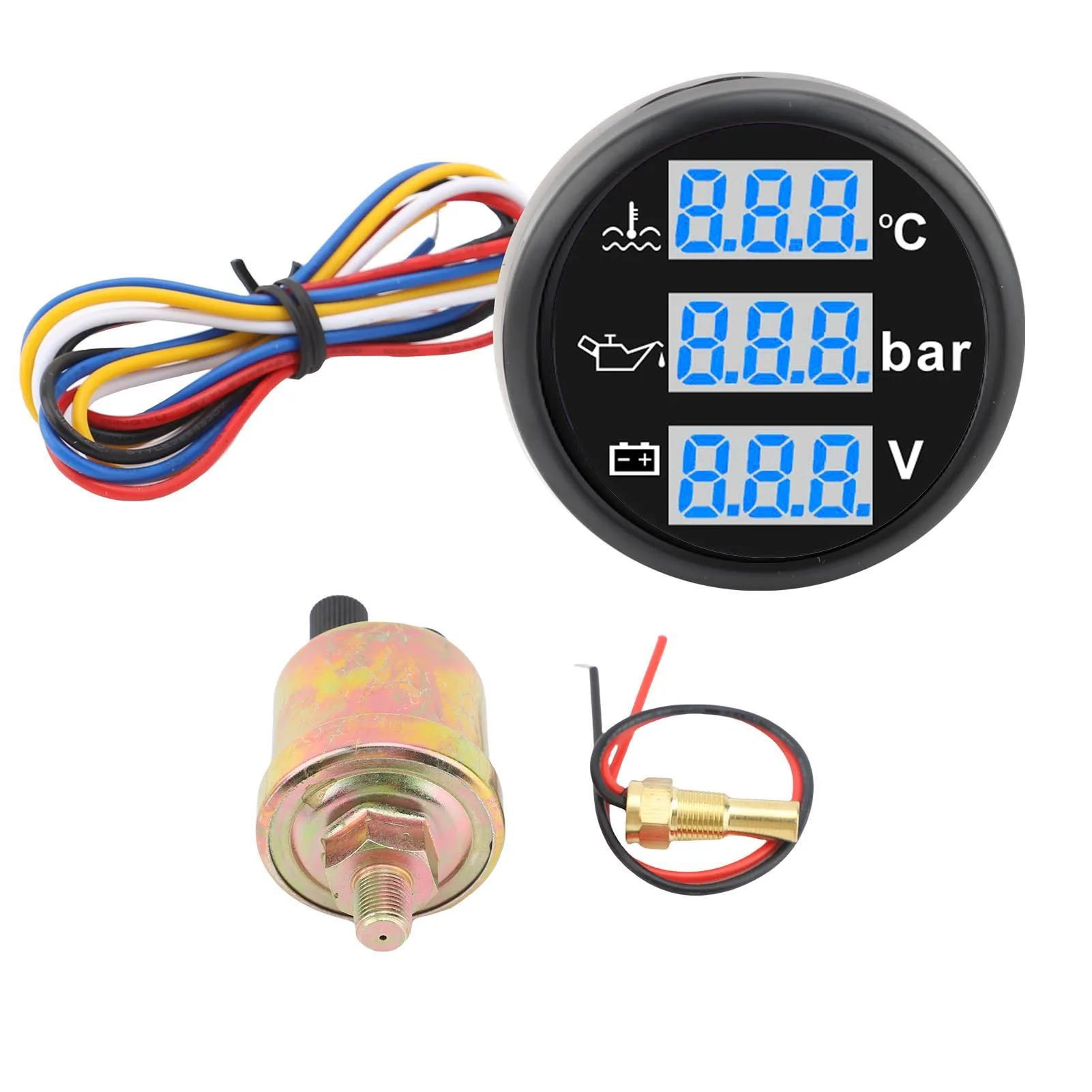 

Boat Water Temp Oil Pressure Voltmeter 52mm Digital Display Multifunctional IP67 Water Proof Triple Gage Set Black Base Frame