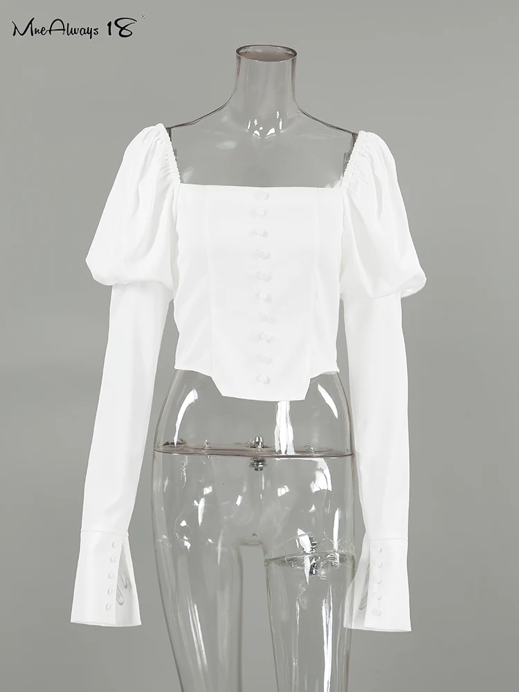 Mnealways18 High Street Women White Sexy Button Shirts Lantern Sleeve Ruched Female Blouses And Tops Spring 2024 Slim Cropped