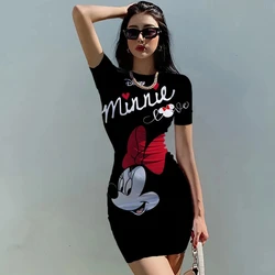 Women's Mickey Mouse print patchwork fashionable knee length O-neck dress, tight fitting summer sexy women's clothing