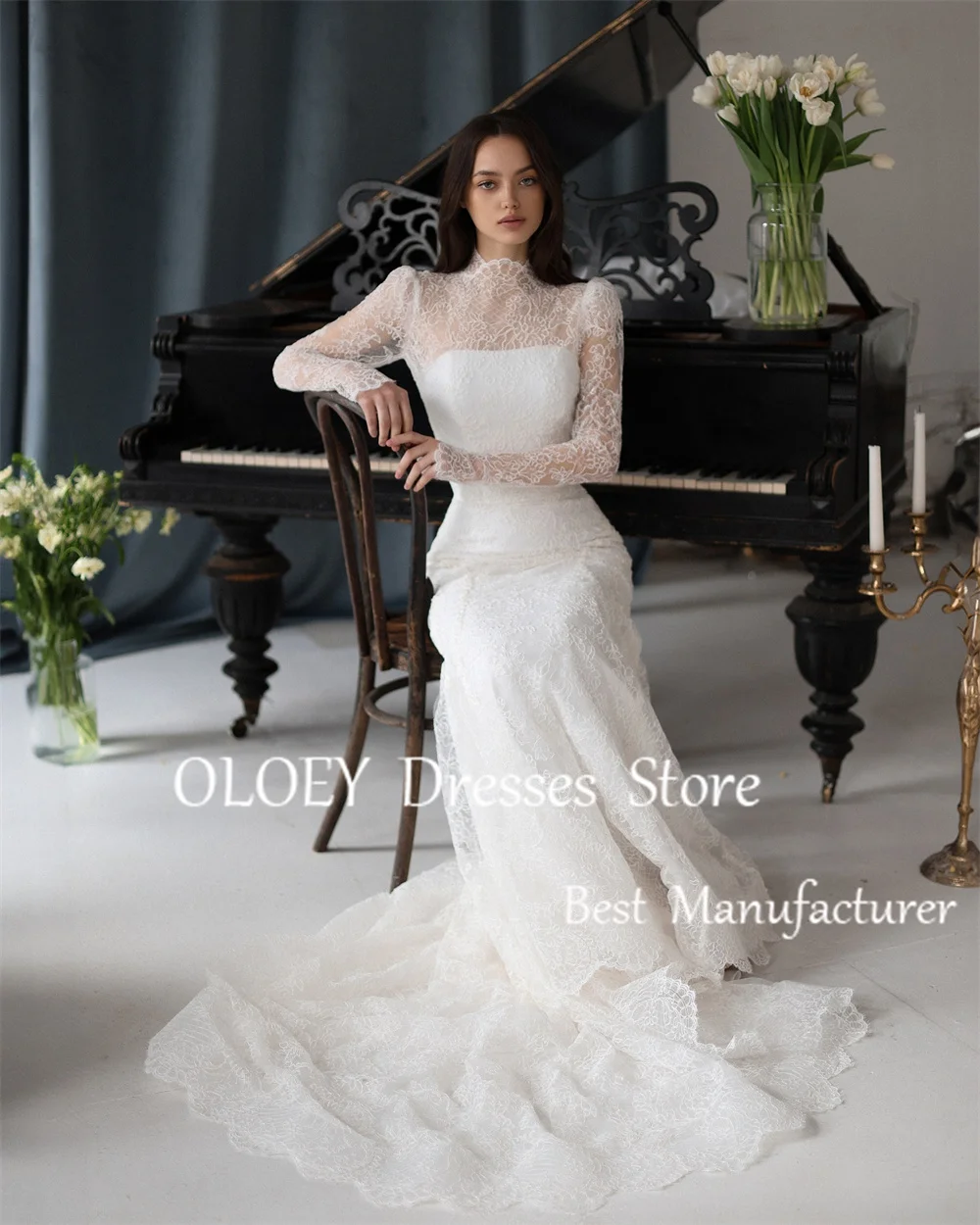 OLOEY Abito da sposa a sirena in pizzo di lusso maniche lunghe abito da sposa avorio collo alto lunghezza pavimento bottoni Sweep Train personalizzato