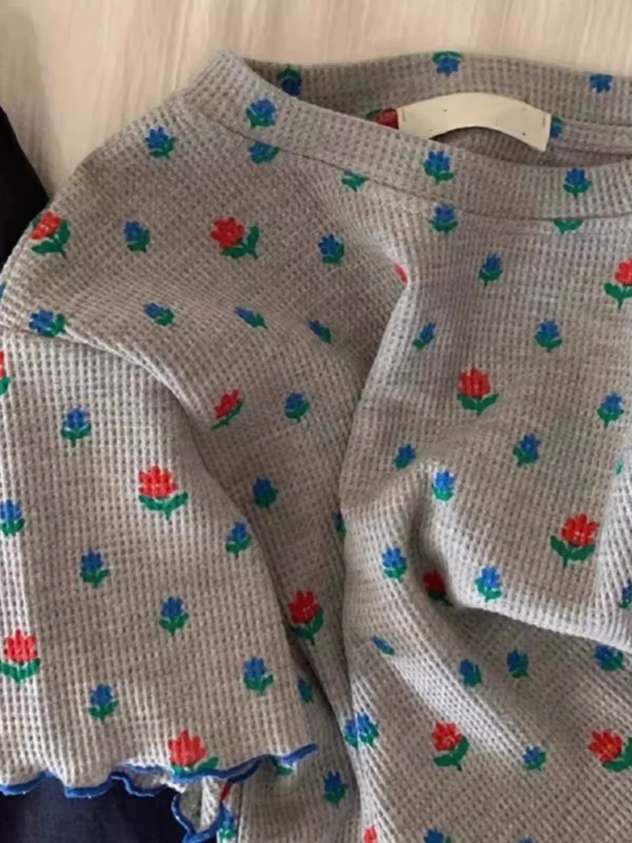 

High-End Knitted Lace Trim ort Sve T-irt Women's Country Sle Floral ey Top Sweet Sle Regular Sve Length