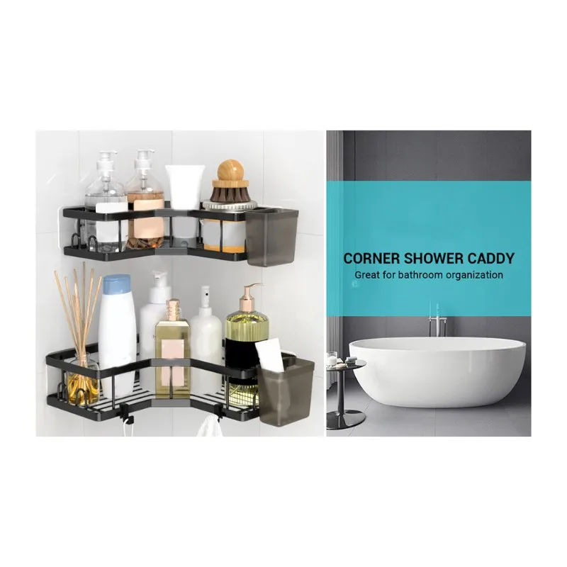 Shower Storage Rack 2 Pack Adhesive Corner Organizer Shelves,No Drilling With Hooks& Toothpaste Holder