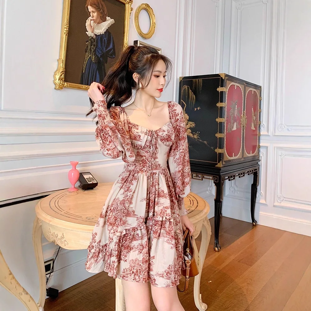 Retro Design Waist Slim Dress Beach Vacation High Waist All-Matching Square Collar Floral Dress Wholesale