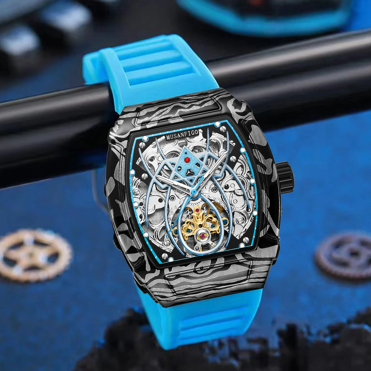 MUSANFIGO Spider hollow-out design luminous silicone strap automatic mechanical watch fashion men's national watch