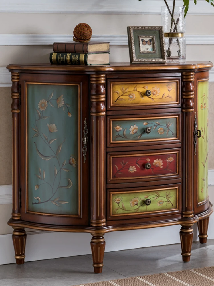 

European-Style Semicircle Entrance Cabinet Chest of Drawers Solid Wood Painted Sideboard Cabinet Curved Hand Painted Storage