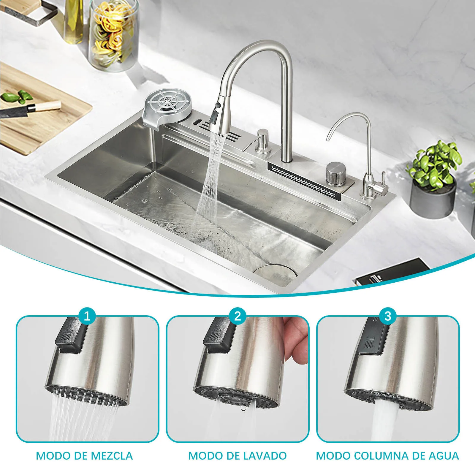 304 شلال من الفولاذ المقاوم للصدأ بالوعة المطبخ خزان واحد كبير مع مجموعة صنبور سحب خلاط الماء الساخن البارد الصنابير والحوض #5