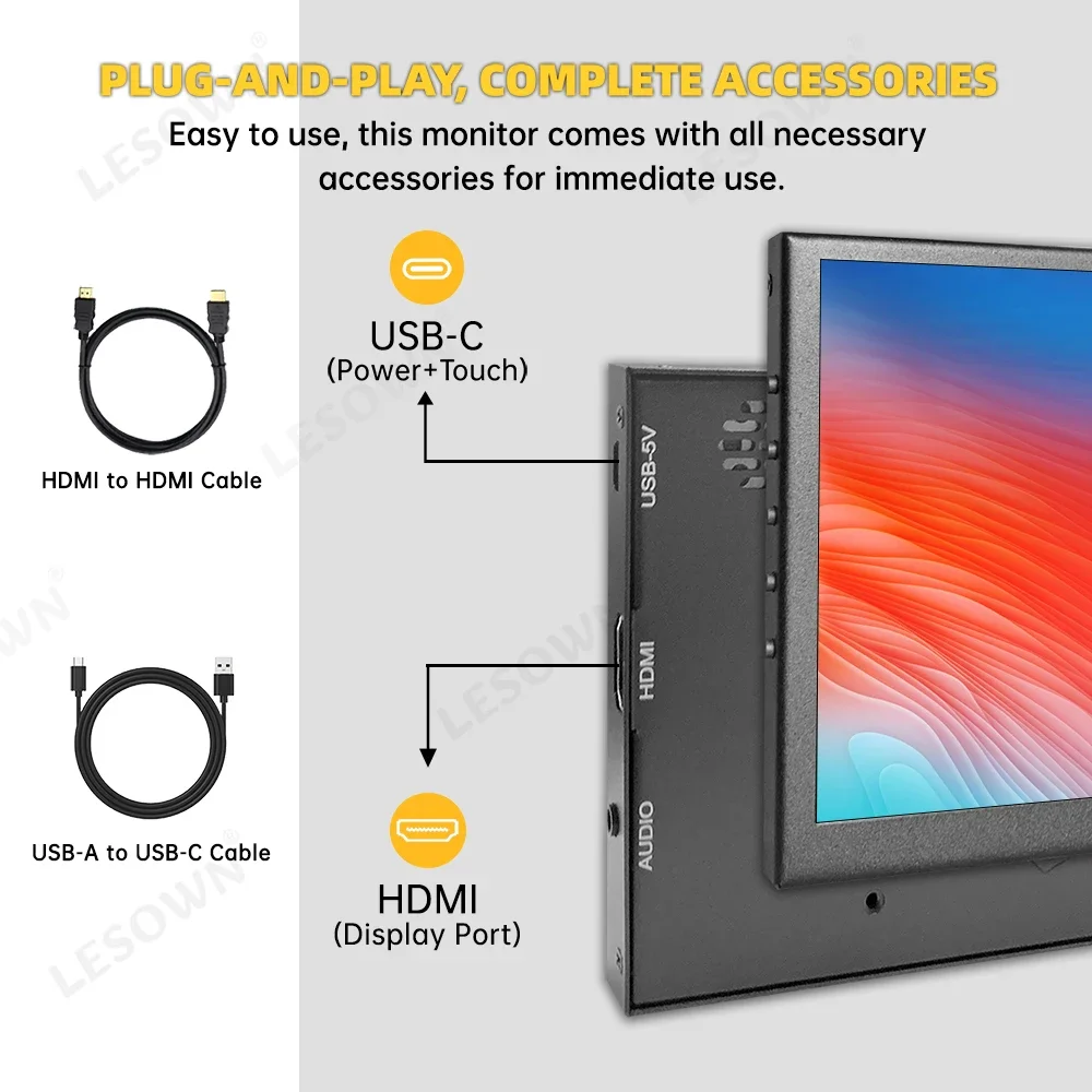 LESOWN 7 inch Small Monitor PC Laptop Secondary Screen HDMI 1024x600 IPS Touch 7