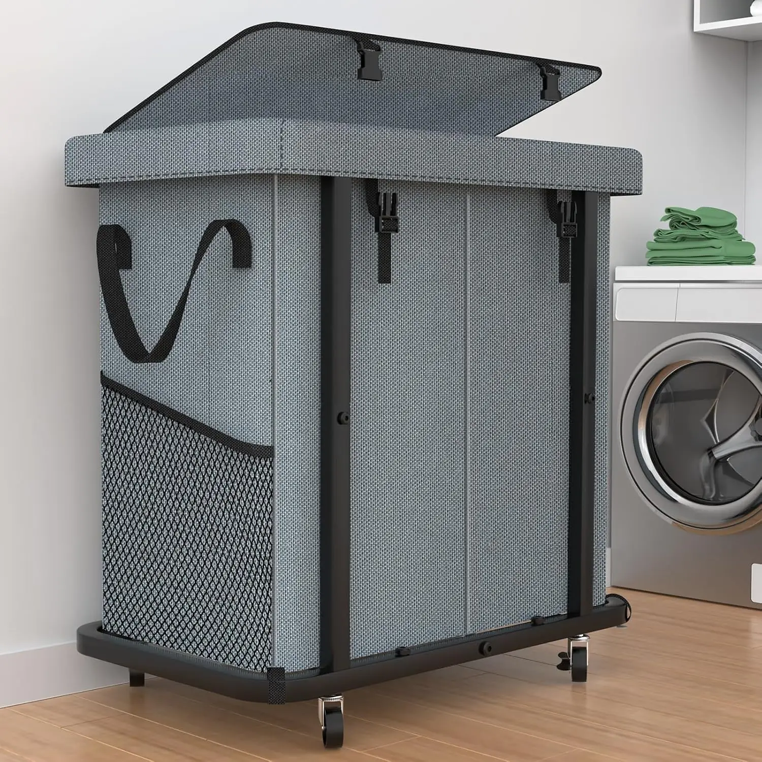 Laundry Basket with Lid,190L Rolling Laundry Hamper with Wheels,Grey | Dirty Clothes Hamper with Metal Frame and Removable Bag D