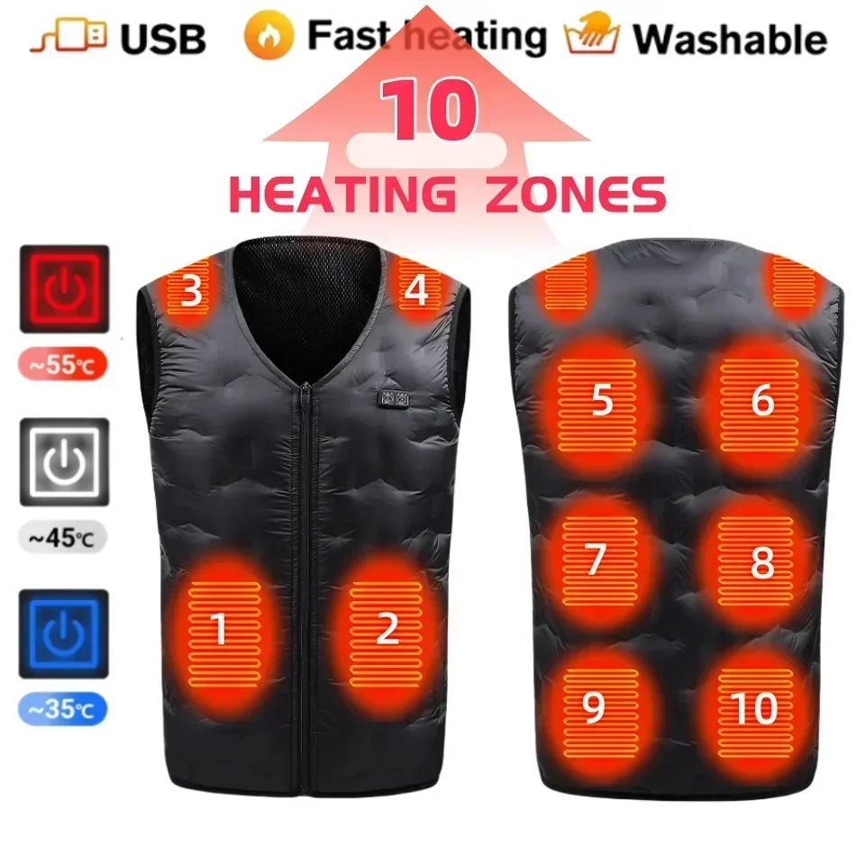 

10 Areas Heated Down Vest Men's Winter Warm Electric Vest Double Control Intelligent Heating Clothes Ski Lightweight Down Jacket