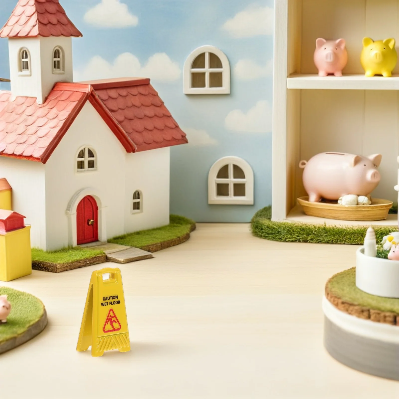 8Pcs Dollhouse Accessories Mini Wet Floor Warning Signs Realistic Caution Safety Signs Slippery Floor Props for Scene Decoration