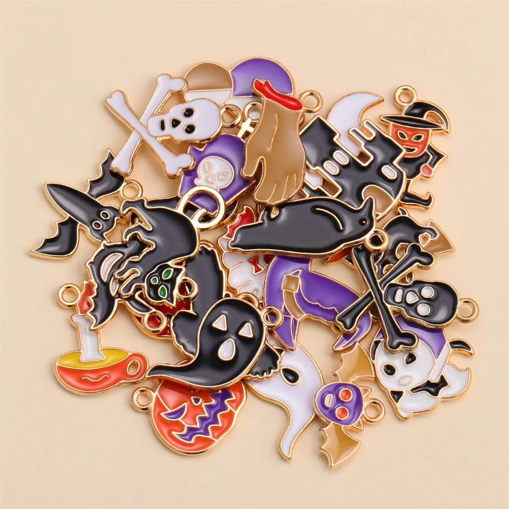 Mixed 10Pcs Enamel Ghost Bat Cat Pumpkin Pendant for Women Jewelry Making Halloween Charms Cute Earrings Necklace DIY Craft Gift