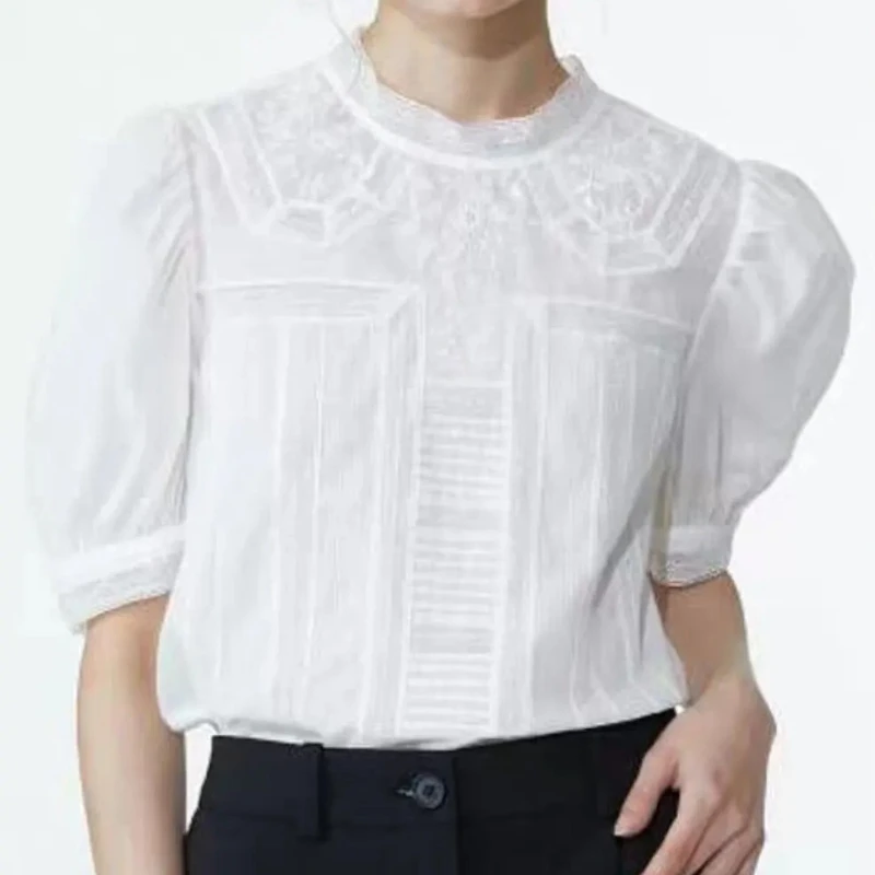 

Lace Embroidery Women's Cotton Blouse - Short Puff Sleeve, Round Neck, White or Black Shirt Top Summer 2025