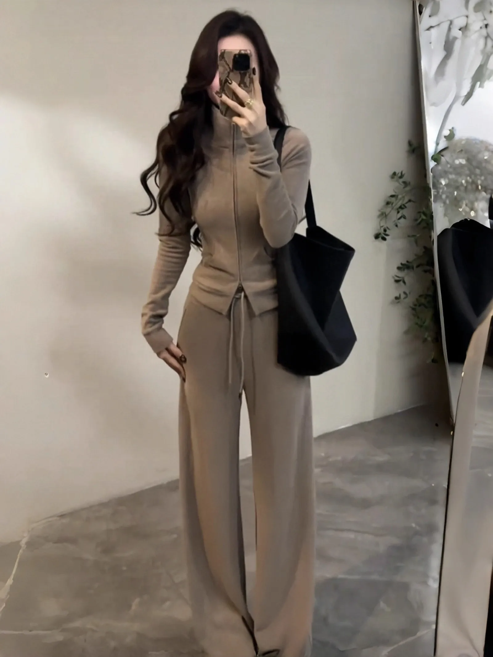 Korean Lazy Style Fashion Sports Set Women's Autumn Winter New Stand Collar Fleece Sweatshirt Jacket Wide Leg Pants Two Piece...