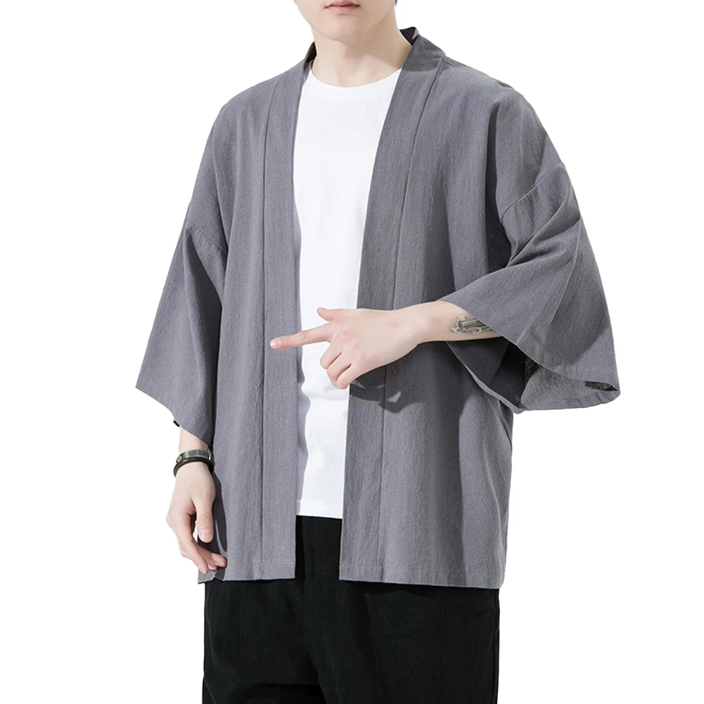 

Men Cotton Solid Linen Loose Kimono Chinese Style Kimonos Clothes Cardigan Clothing Shirt Seven Quarter Sleeve Men's Cardigan