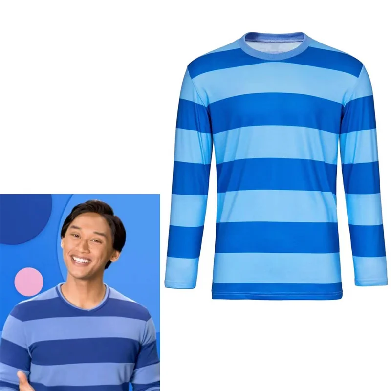 Men Blue's Clues Josh Cosplay Costume  Striped T-Shirt Long Sleeves Casual Tee Shirts Pullover Tops for Halloween