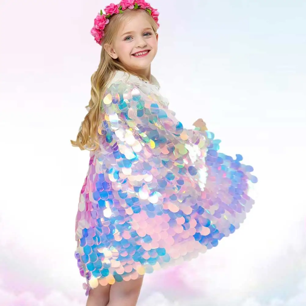 

Rainbow Sequin Cloak For Colorful Performance Clothes Lovely Mantle Soft Comfortable Party Costume Accessory Size L