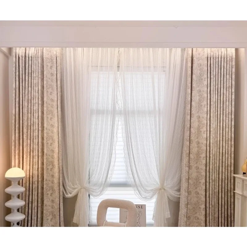 

Blackout Custom Size Luxury French Living Room Bedroom Cream Snow Neil Yarn Dyed Jacquard Gauze Curtains Embroidered WhiteTulle