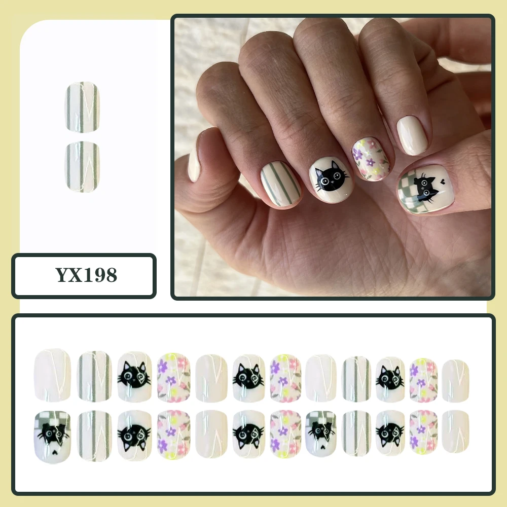 Cute Black Cat Floral Press on Nails Short Square Fake Nails Green Striped Checkered Design Reusable Nail Art Tips for Girls