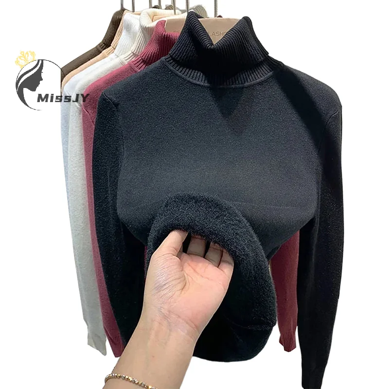 

Solid Color Turtleneck Plus Velvet Pullover Sweater Women All-match Soft Thick Knitted Inner Outwear Women Sweater