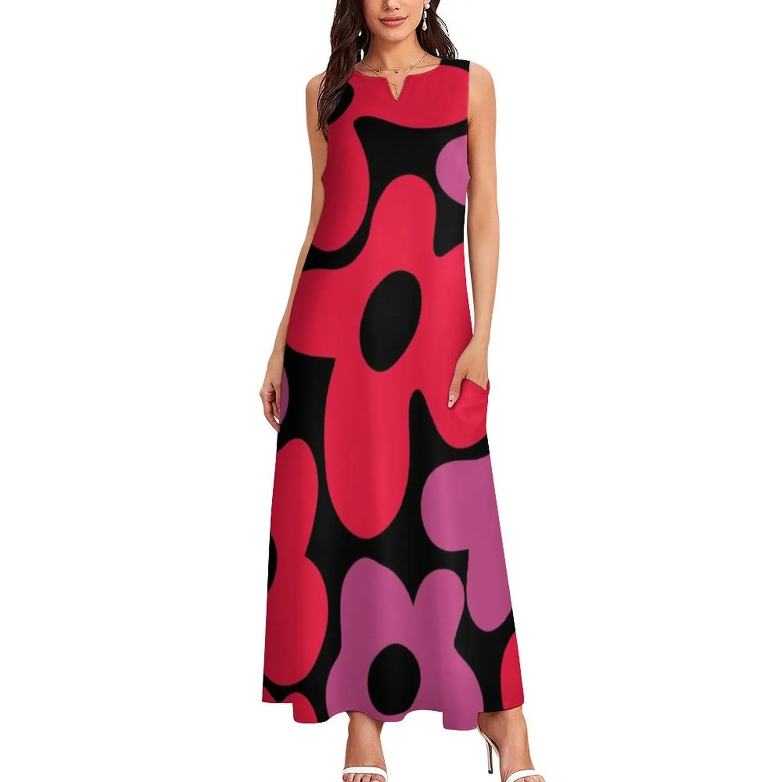 Retro 1960's Red And Pink Flower Pattern On Black Long Dress dresses for woman Dress