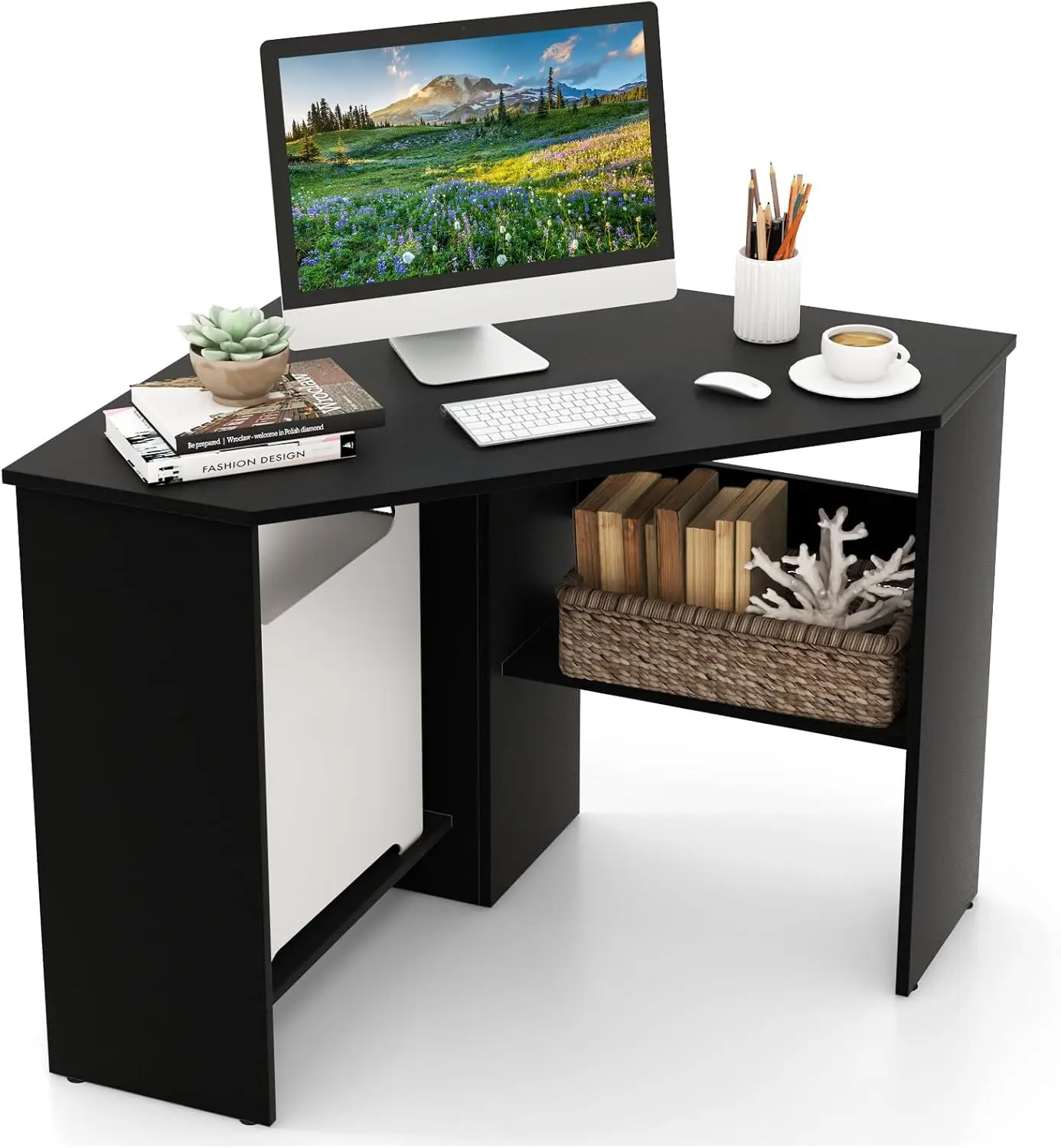 

Corner Desk With Storage Shelves, Triangular Computer Desk With Cable Management Holes, Laptop Workstation For Small Space,