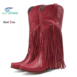 Western Style Boots Women 5CM Block Heel Tassels CowBoy Shoes 2025 Spring Autumn And Winter Retro Mid-calf Boots Zapatos Mujer