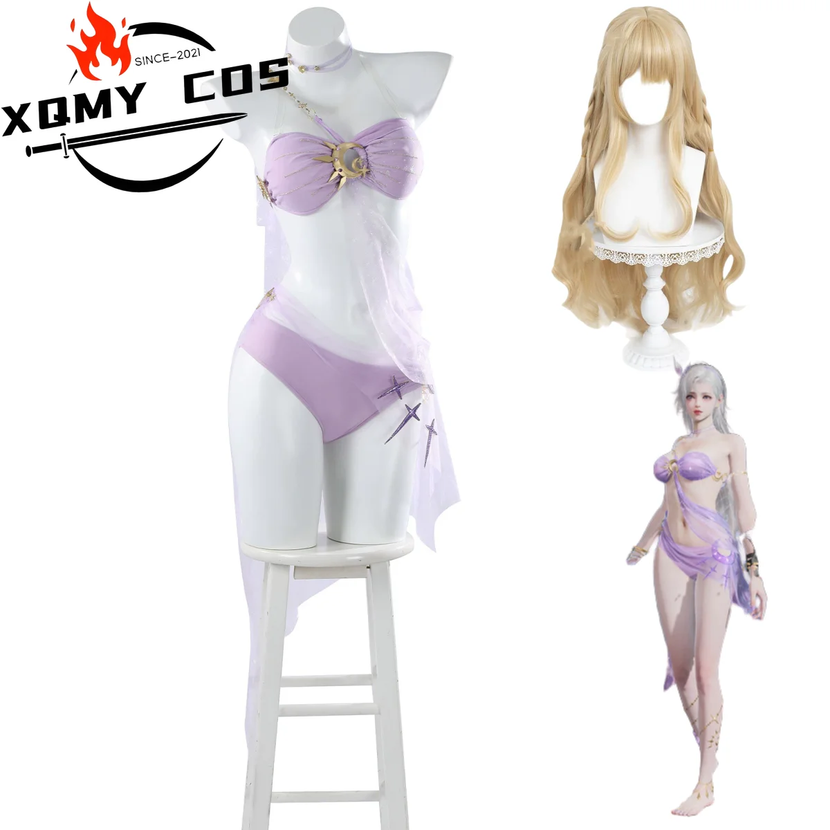 

XqAnime Game Naraka: Bladepoint Cyra Cosplay Costume Summer Purple Swimsuit Shorts Bikini Wig Woman Sexy Beach Party Suit