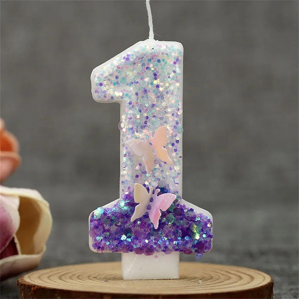 1Pcs Purple Glitter Butterfly Theme Candle 0-9 Number Cake Topper Wedding Decor Baby Shower Kid Birthday Party Decor