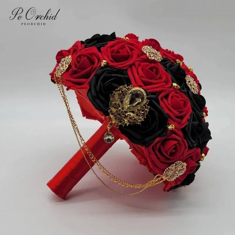 PEORCHID Cascading Skull Rot Schwarz Gold Brosche Bouquet für Braut Schaum Blume Rose handgemachte Gothic Brautstrauß De Mariage