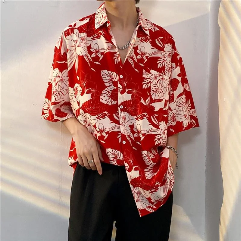 Summer Printing Short Sleeve Shirt Men Fashion Society Mens Dress Shirt Korean Loose Ice Silk Shirts Mens Hawaiian Shirt