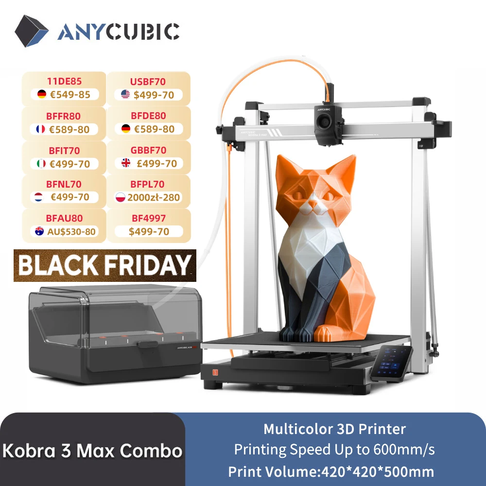 

ANYCUBIC Kobra 3 Max Combo Multi-Color 3D Printer Max Speed 600mm/s Build Volume 500*420*420mm Smart APP Control 3D Printer