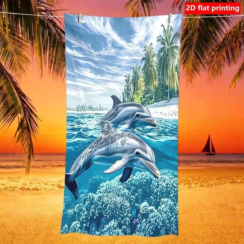 Sunset Dolphin Palm Tree Seaside Beach Towel Sandproof Absorbent Towel Ocean Sunset Scenery Print Summer Holiday Travel Towel