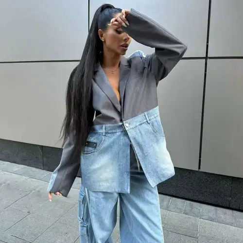 Imagen 1 del producto SuperAen otoño nueva moda de estilo coreano mujer Denim Patchwork con muescas diseño de un solo botón trajes High Street Casual Blazers