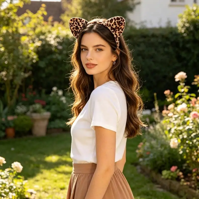 Photo Booth Costume with Leopard Ear Band Tail Neck Tie Set Halloween Party 6XDA