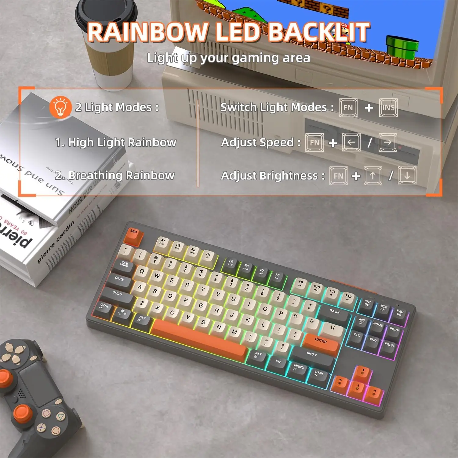 M87 Wireless Gaming Keyboard, Bluetooth 5.0/2.4GHz with Dual Mode 2-in-1 Receiver, 87 Keys TKL Rainbow LED Backlit Quiet Keyboar