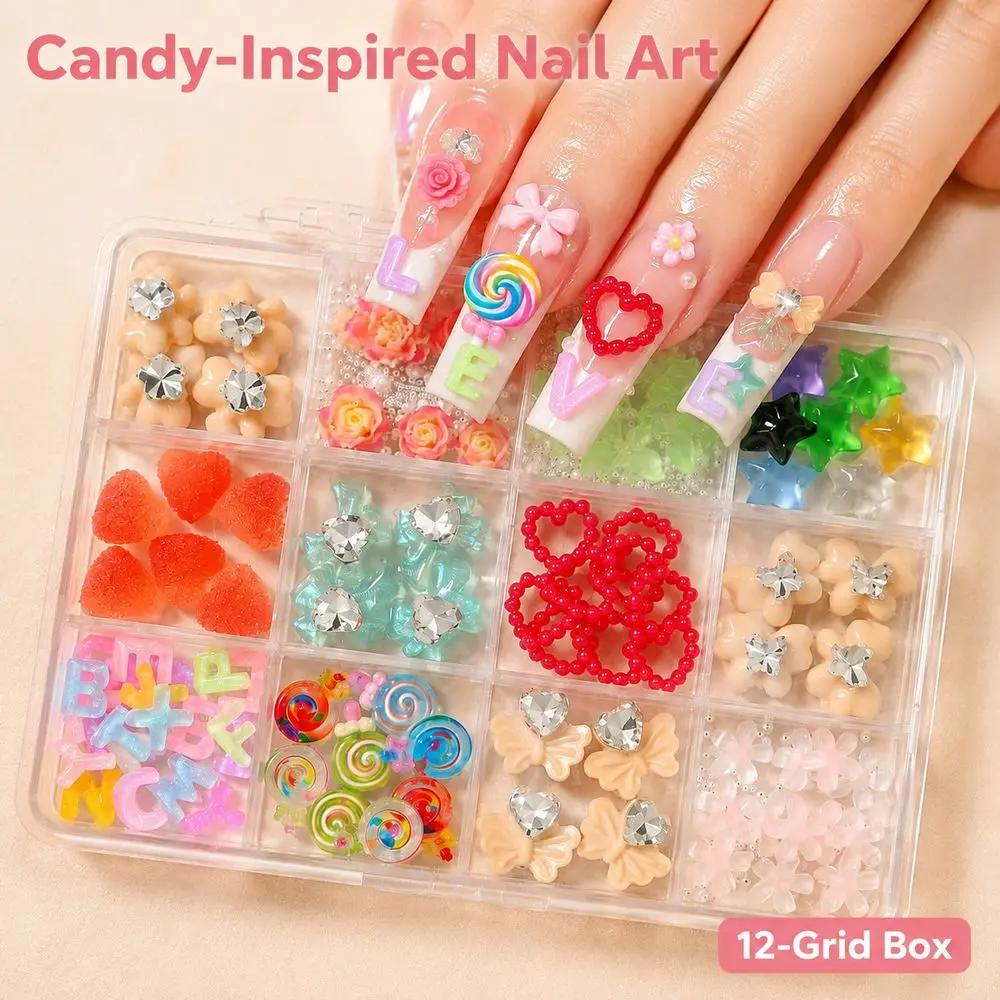 12Grids Kawaii Sweet Resin Nail Charms Mixed Lollipop Letter Heart Star Flower Bow For Custom Acrylic Nail Art Decoration DIY