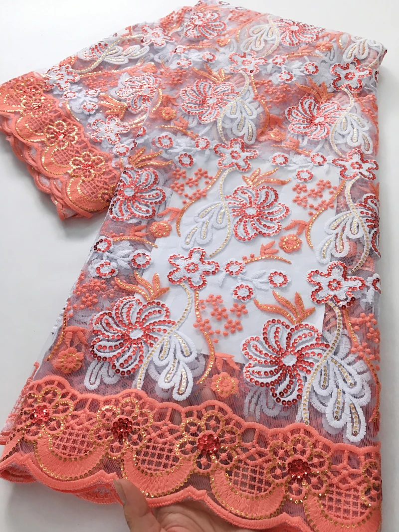 

Французская кружевная ткань персикового цвета, 5 ярдов, тюлевая кружевная вышивка с блестками, новейшее африканское кружево для вечеринки в нигерийском стиле S4403