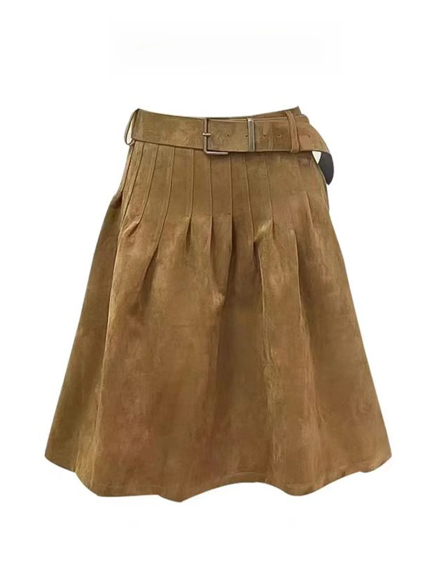 

Ретро-юбка А-силуэта в американском стиле цвета хаки, женская, весна-лето, плиссированная, из замши, облегающая, миди, юбка-шорты