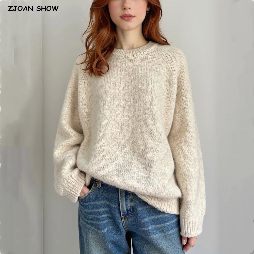 6 color New Autumn Winter Round Collar Knit Sweater for Women Long Raglan Sleeve Loose Thick Knitwear Oversized Jumper Apricot