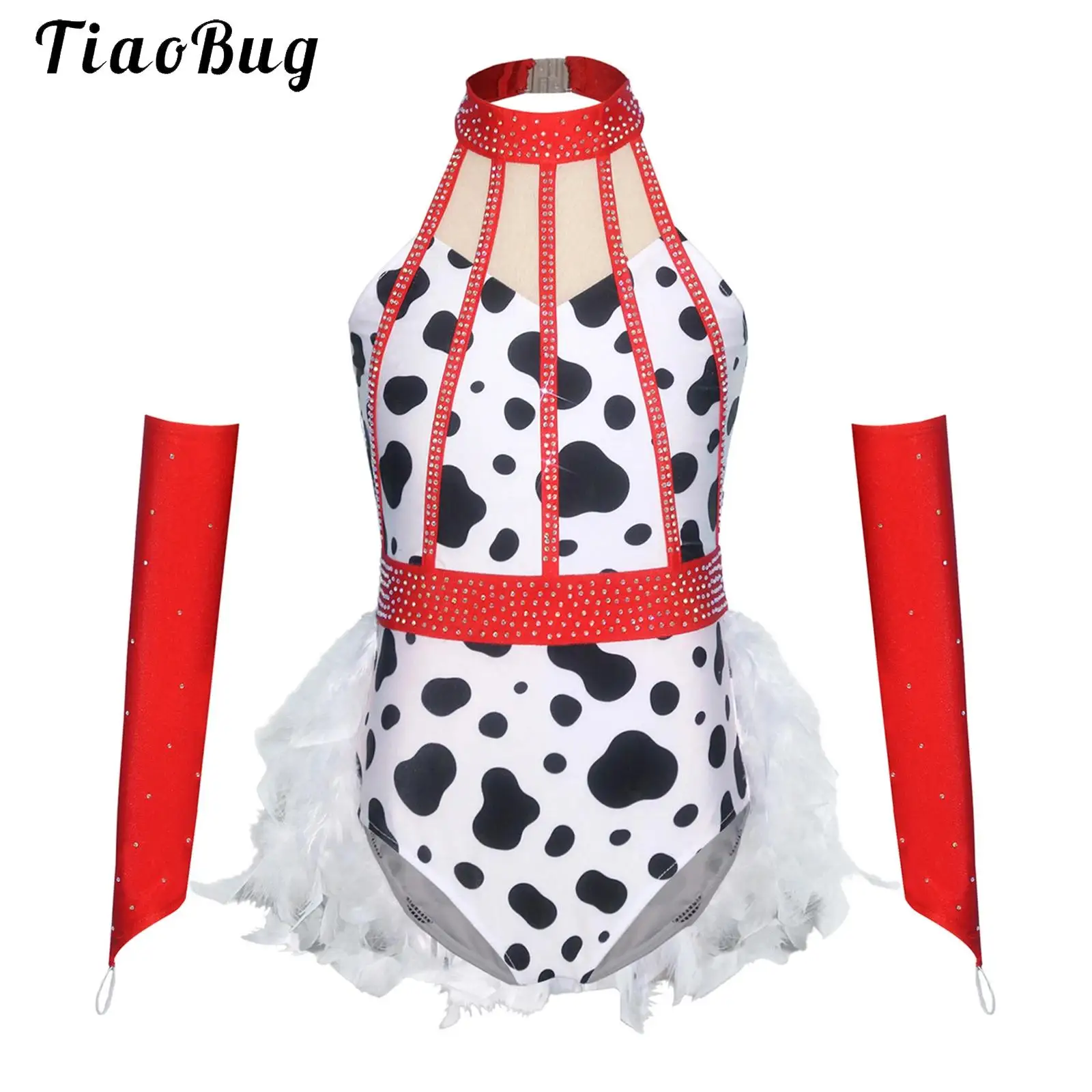 Dalmatian Spotted Costume Kid Girls Rhinestones Ballet Dance Leotards Halter Neck Feather Skirted Jazz Dance Jumpsuit Oversleeve
