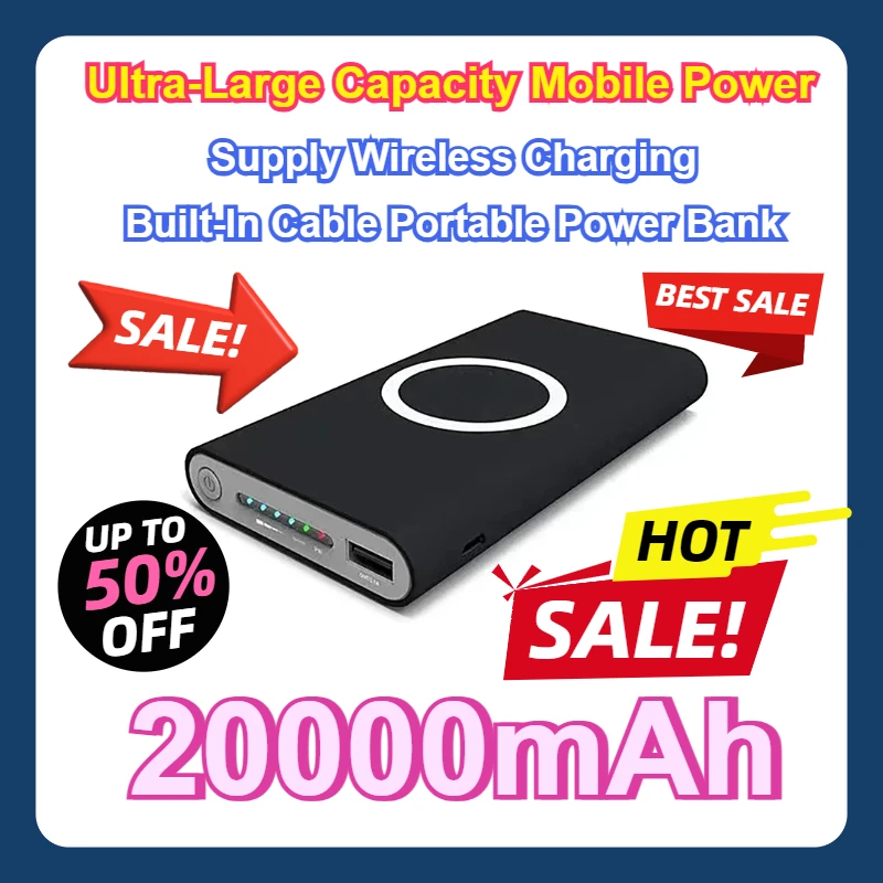 

Ultra-Large Capacity Mobile Power Supply Wireless Charging Built-In Cable Portable Safe 20000mAh Power Bank