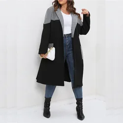 Women Color Collision Cardigan Jacket Fashion Casual Long Jacket Fall Winter Plus Size Female Clothing Lapel Pocket Elegant Coat