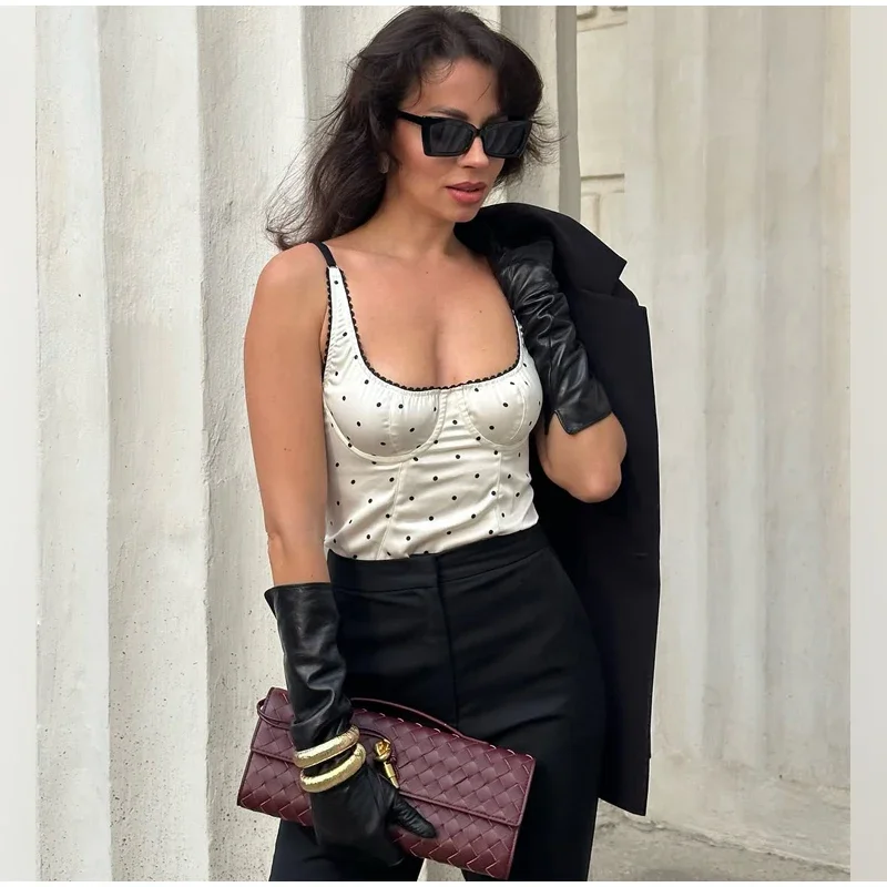 

Casual Polka Dot Sling Short Top Women Sexy Square Neck Off-shoulder Slim Cropped Blouse 2026 Lady Spring Daily Highstreet Tops